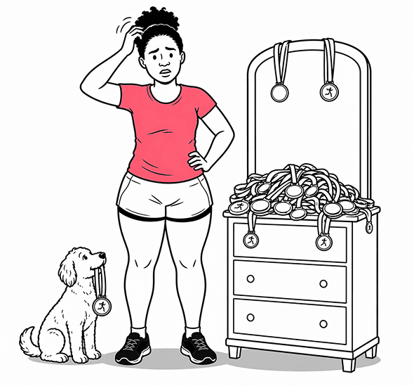 Runner beside a dresser overflowing with race medals, one more hanging from her dog's mouth